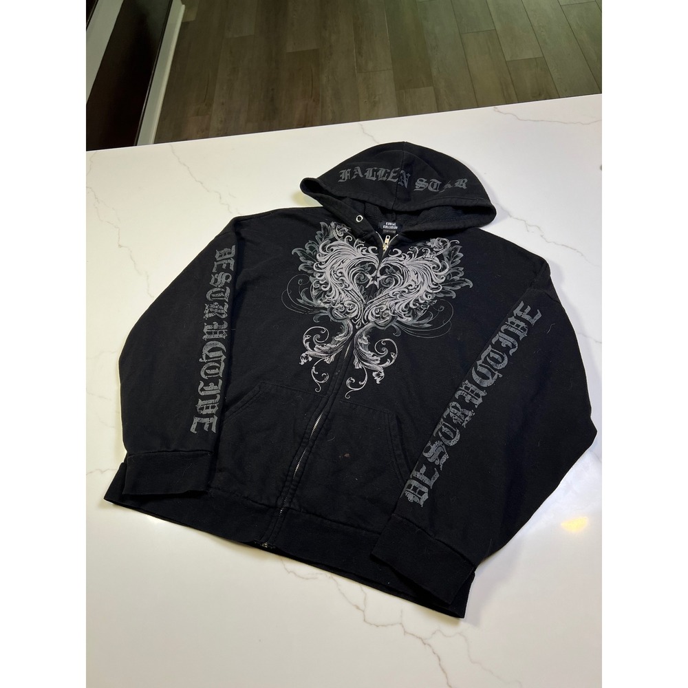 Social Collision Zip Up Hoodie Black Gothic Wing Graphic Fallen Star Y2K